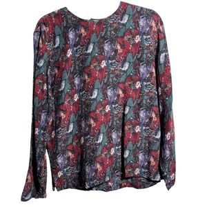 Nora Noh Vintage 100% Silk Abstract Print Blouse Red Purple Green Womens 10 90s